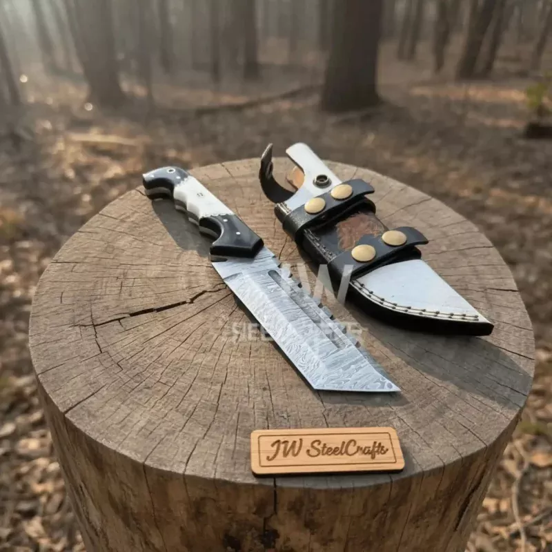 10-Inch Damascus Tracker KnifeBlack & White Resin Handle, Filework Spine, Curved Guard & Leather Sheath