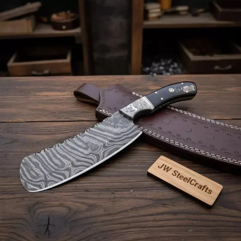 10-Inch Forged Damascus Nakiri ChopperLadder Pattern Blade, Engraved Damascus Bolster, Black Resin Handle & Tooled Leather Sheath