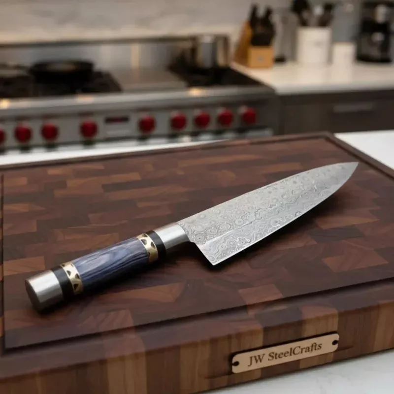 11 Raindrop Damascus Chef Knife6 Blade, Purple Pakka Wood Handle with Brass Spacer & Steel Pommel