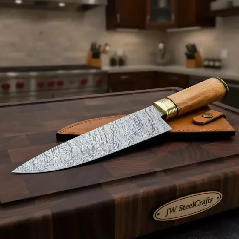 12 Inch Overall Fire Damascus Gyuto Chef KnifeNatural Olive Wood Handle and Solid Brass Bolster, Full Tang