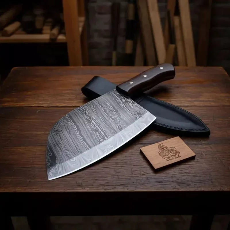 12-Inch Serbian Damascus CleaverRosewood Handle & Leather Sheath