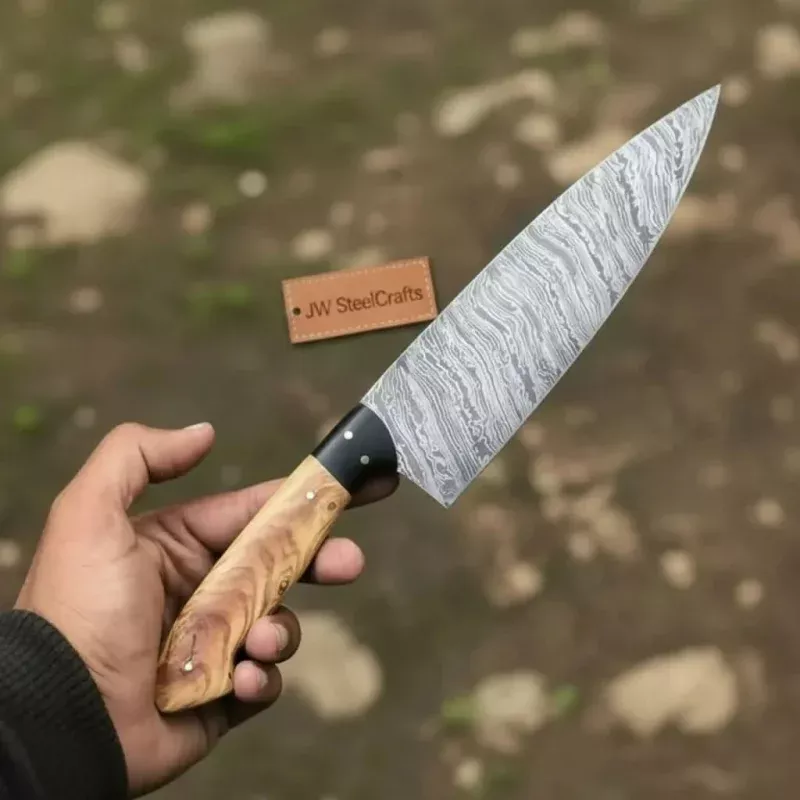 13-Inch Fire Pattern Damascus Chef KnifeOlive Wood Handle, Brass Pins & Dark Bolster | JW Steel Crafts