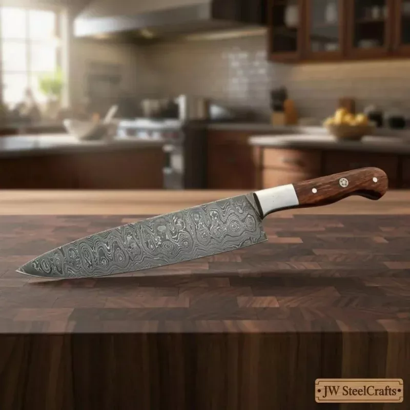 13 Raindrop Damascus Kiritsuke Kitchen Knife8 Blade with Rosewood Handle & Steel Bolster