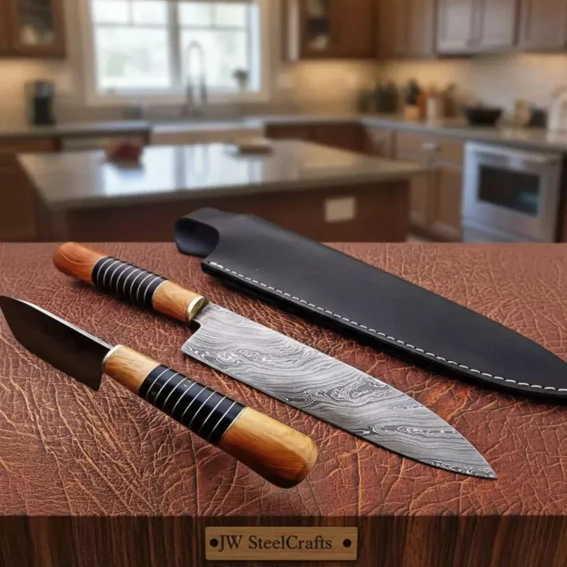 14 Damascus Chef Knife9 Blade, Olive Wood Handle with Black Resin Spacers & Leather Sheath