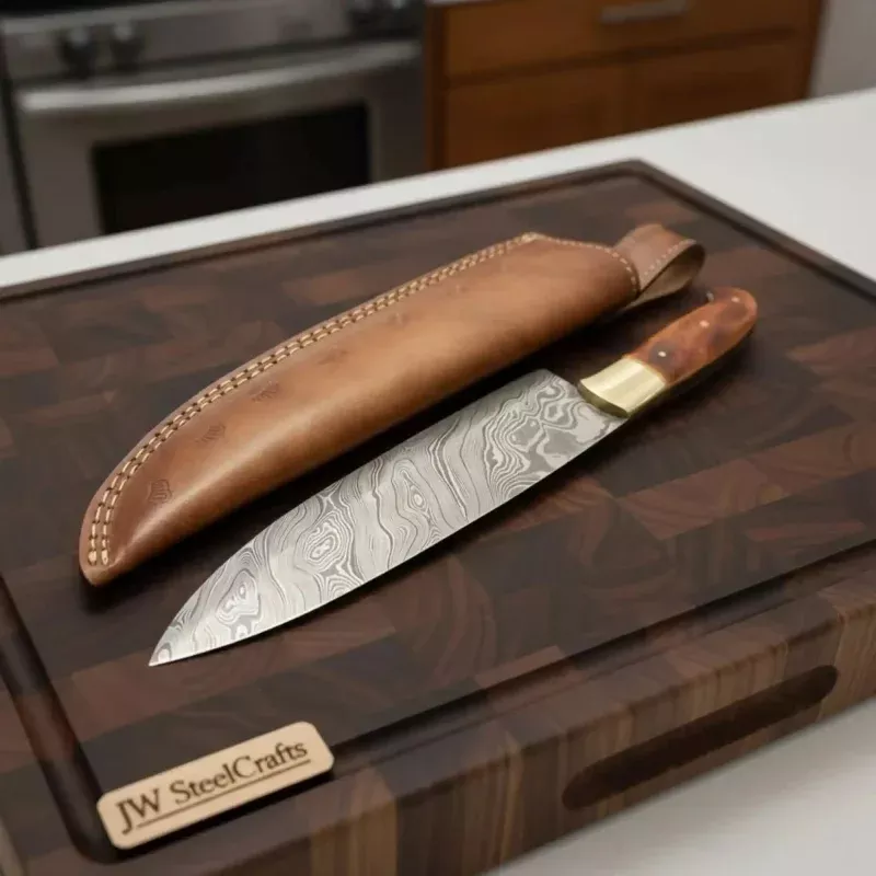 14-Inch Handmade Damascus Chef KnifeBrown Handle & Brass Bolster | Layered Damascus Blade | Hand-Stitched Leather Sheath Included