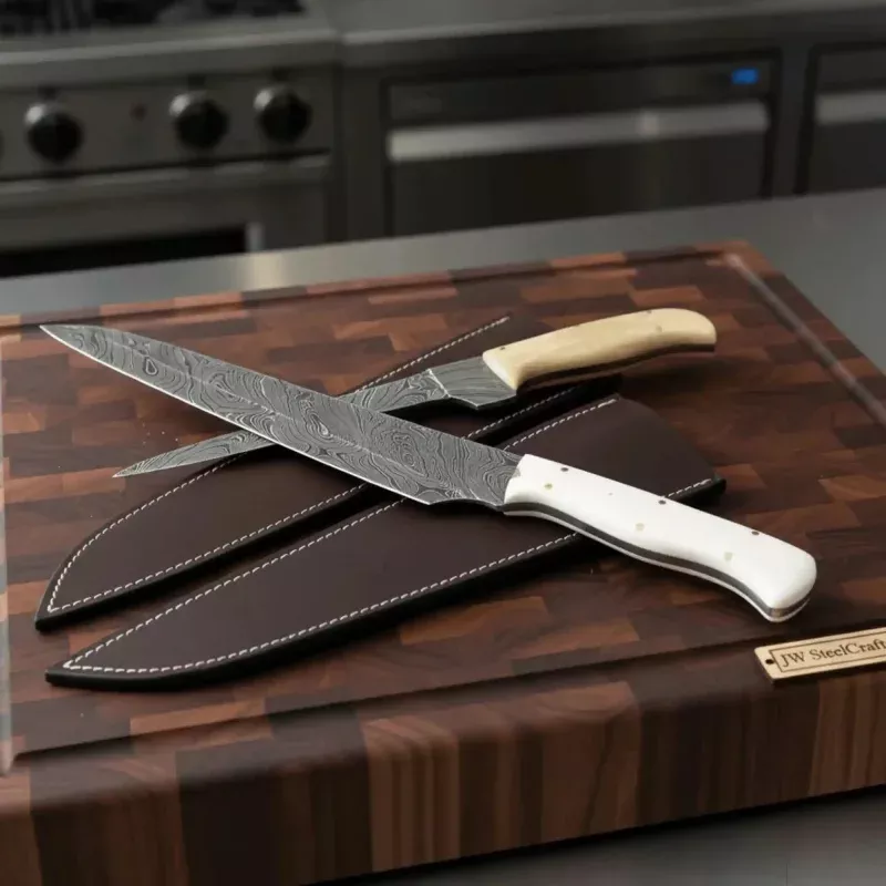 2-Piece Damascus Carving & Utility Knife SetTwisted Pattern Blades, White Camel Bone Handles