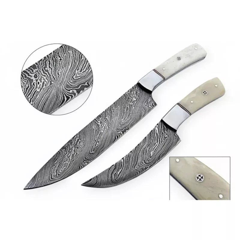 2-Piece Damascus Chef Knife Set10 & 8 Inch Wave Pattern Blades, White Camel Bone Handles & Steel Bolsters | JW Steel Crafts