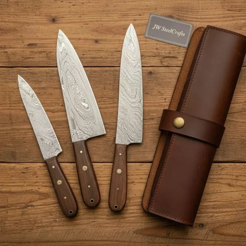 3-Piece Damascus Kitchen Knife SetBread, Chef & Paring Knives with Rosewood Handles