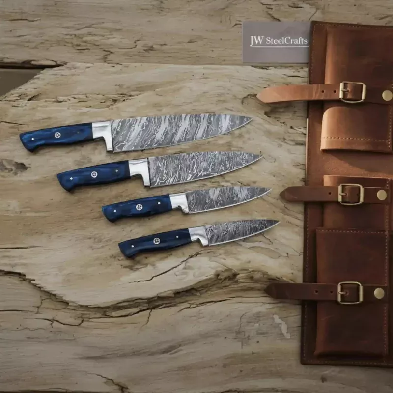 4-Piece Damascus Chef KnifeFire Pattern Damascus Blades, Blue Pakka Wood Handles