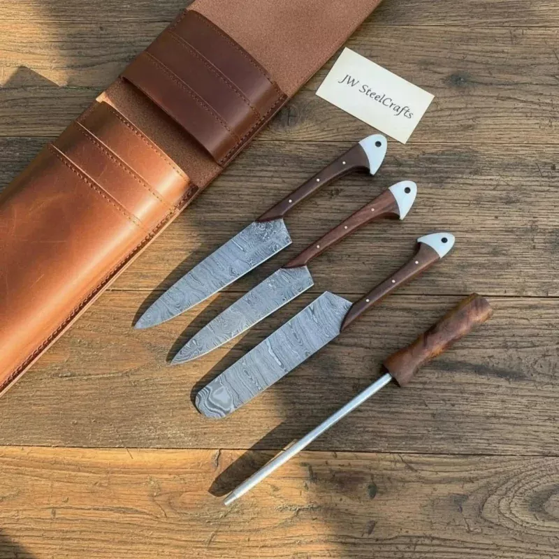 4-Piece Damascus Cutlery Knife Set – Wood Grain Damascus Blades