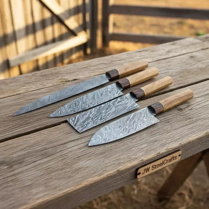 4-Piece Damascus Kiritsuke Bunka Knife SetFire Pattern Blades