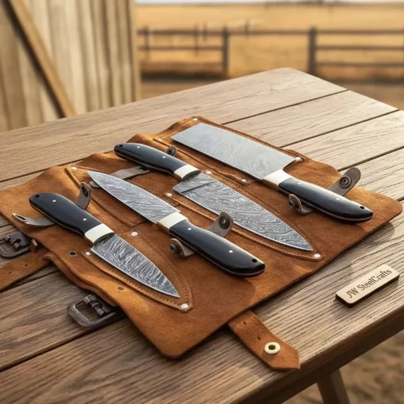 4-Piece Damascus Kitchen Knife SetBread, Chef, Utility & Paring with Black Resin Handles, Brass Bolsters & Leather Roll