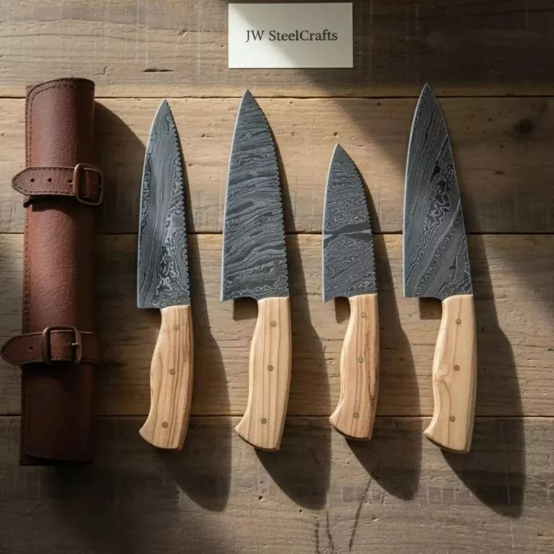 4-Piece Damascus Olive Wood Kitchen Knife SetWave Pattern Damascus Blades
