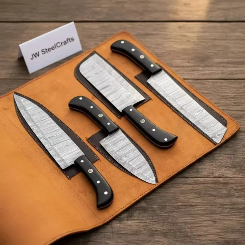 4-Piece Damascus Steel Kitchen Knife SetChef, Santoku, Cleaver & Utility