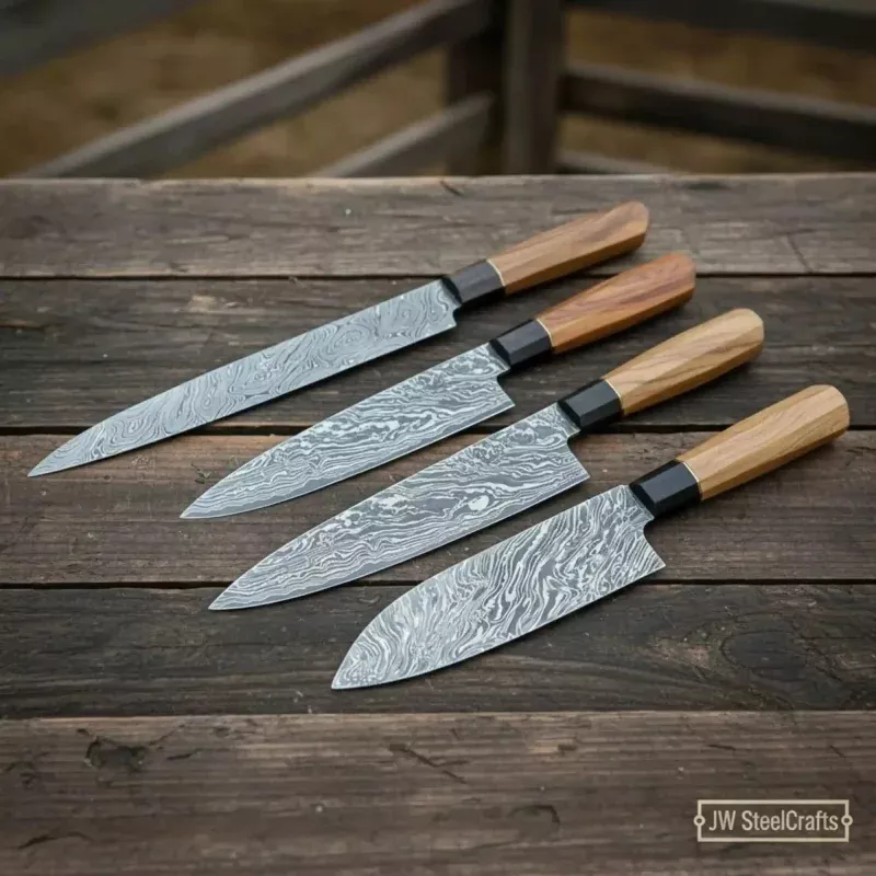 4-Piece Damascus Sujihiki, Gyuto, Santoku & Nakiri SetOlive Wood Wa Handle