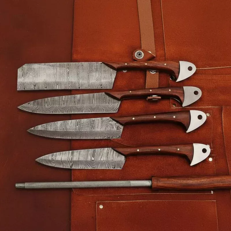 4-Piece Handmade Damascus Kitchen Knife SetRosewood Handles, Steel Bolsters & Brass Pins | Chef, Santoku, Cleaver & Utility | Leather Roll & Honing Rod Included
