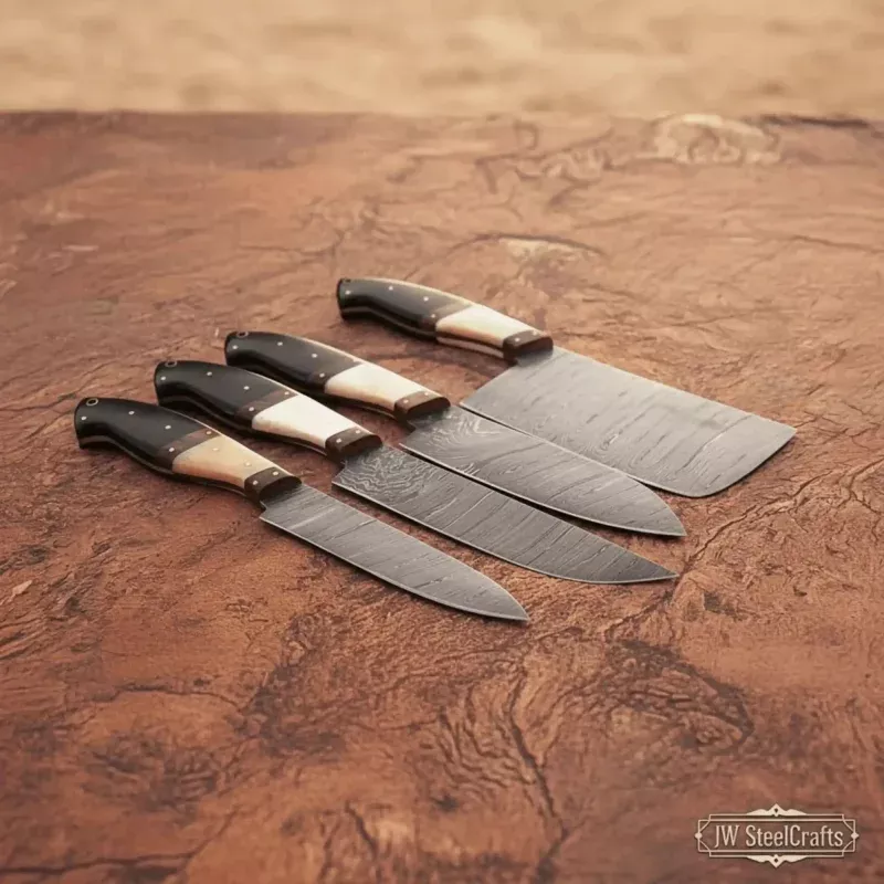 4-piece high-carbon Damascus butcher knife setbone and horn handle with brass pins