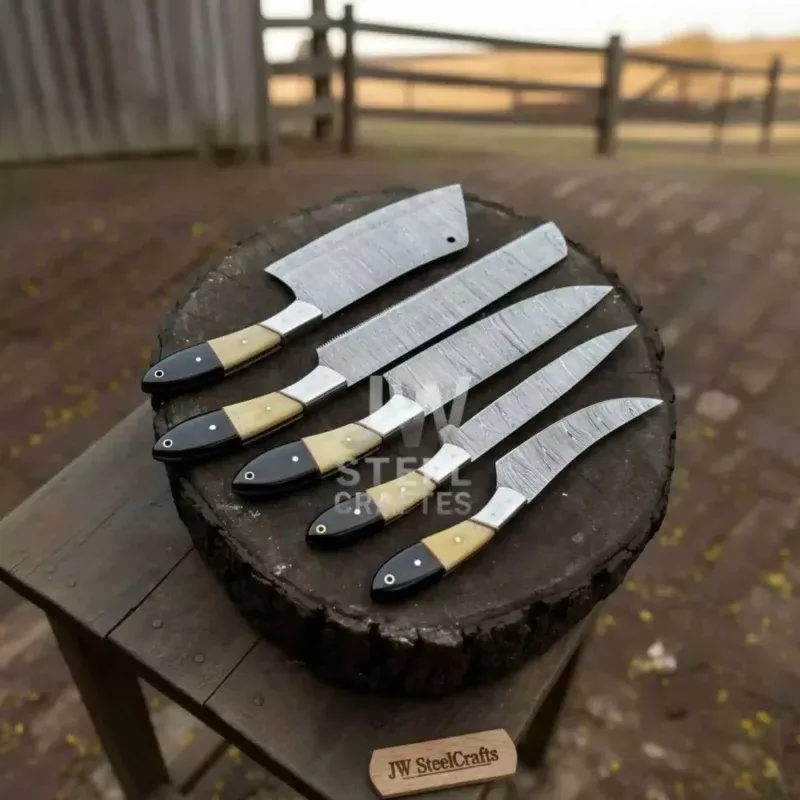 5-Piece Damascus Chef Knife SetCamel Bone and Black Micarta Handles