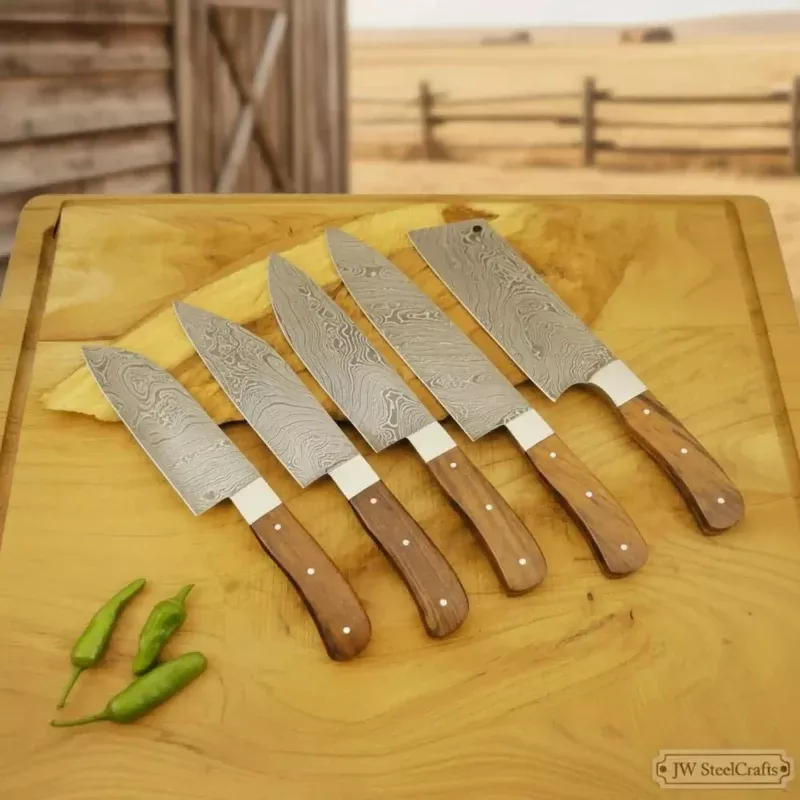 5 Piece Damascus Kitchen Knife Set – Walnut Wood Handle Professional Cooking Knife Set