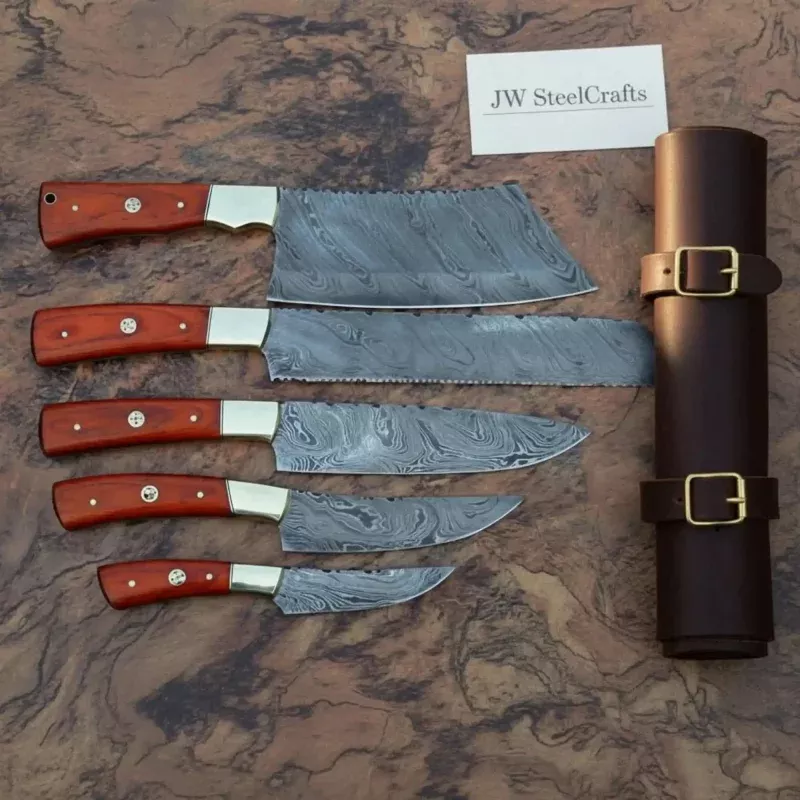 5-Piece Damascus Kitchen Knife SetButcher, Bread, Chef, Utility & Paring with Reddish Hardwood Handles