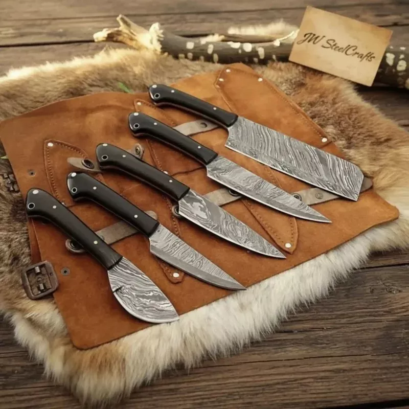 5-Piece Damascus Kitchen Knife SetChef, Cleaver, Santoku, Utility & Paring with Dark Rosewood Handles & Leather Roll