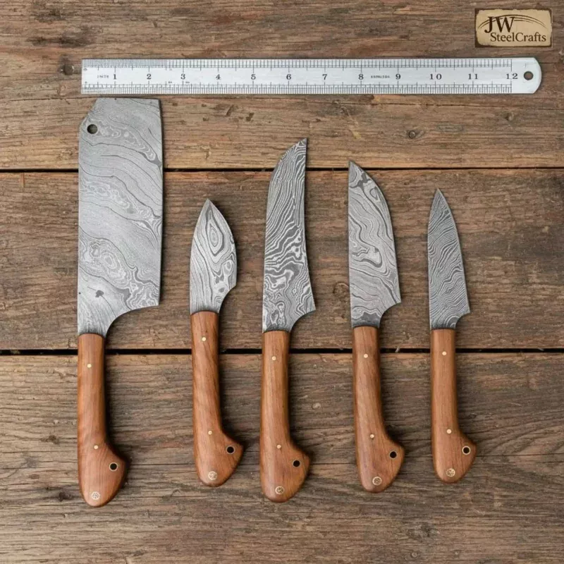 5-Piece Damascus Kitchen Knife SetCleaver, Chef, Utility, Boning & Paring with Olive Wood Handles & Brass Pins