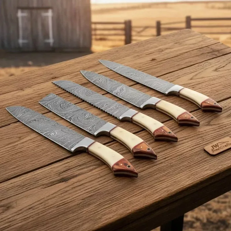 5-Piece Damascus Knife Set Bone and Wood HandleFeather Damascus Blades