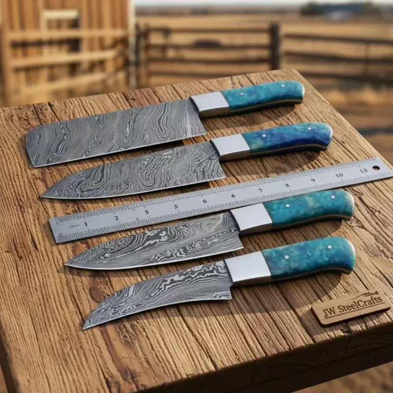 5-Piece Twisted Damascus Kitchen Knife Set with Blue Resin Handle and Square Steel BolsterJW SteelCrafts