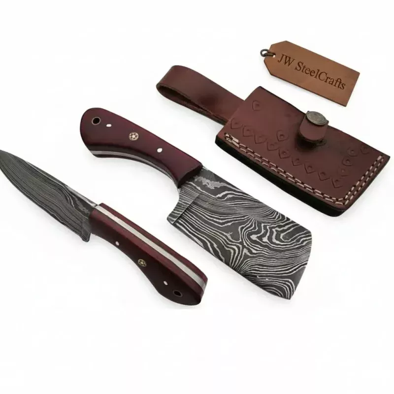 6-Inch Compact Damascus Mini CleaverTwisted Pattern Blade, Red Micarta Handle, Mosaic Pin & Tooled Leather Sheath | JW Steel Crafts