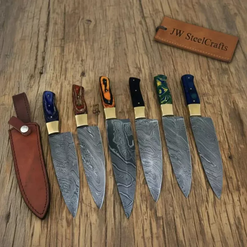 6-Piece Handmade Damascus Kitchen Knife SetMixed Resin Handles & Brass Bolsters | 13-Inch Blades | Leather Sheaths & Engraving Available