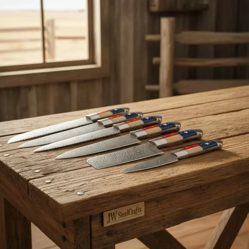6-Piece Texas Flag Damascus Steak & Utility Knife SetPakka Wood & Bone Handles