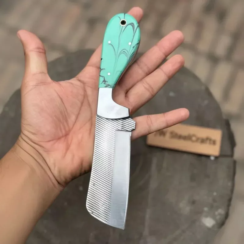 7.5-Inch Rasp Steel Bull Cutter KnifeTeal Marbled Resin Handle, Silver Pins, Lanyard Hole & Leather Sheath | JW Steel Crafts