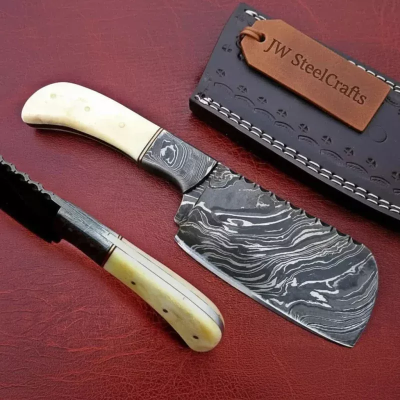 7-Inch Compact Damascus Mini CleaverFire Pattern Blade, Camel Bone Handle, Steel Bolster & Leather Sheath | JW Steel Crafts