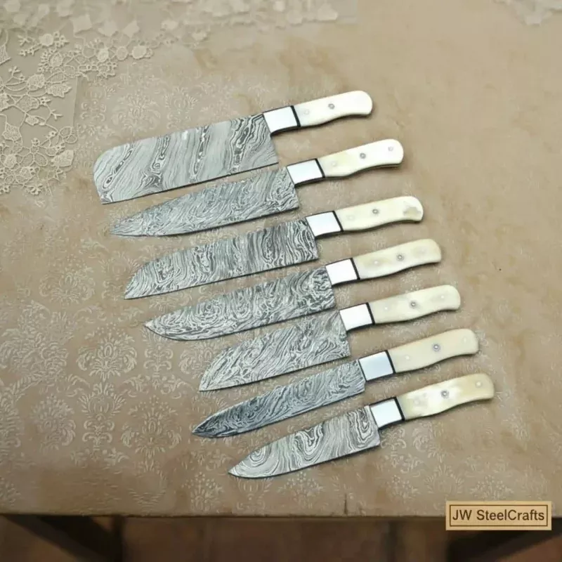 7-Piece Damascus Cleaver and Prep Knife Set with White Bone Handles8 to 10-Inch Blades