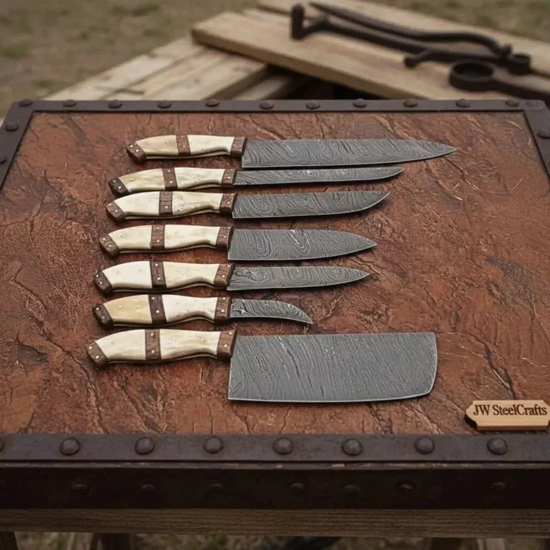 7-Piece Damascus Kitchen Knife SetBread, Cleaver, Chef, Santoku, Fillet, Boning & Utility