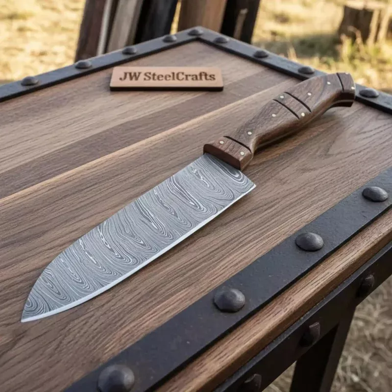 7-Piece Damascus Kitchen Knife SetBread, Nakiri, Chef, Santoku, Utility, Boning & Paring with Rosewood Handles & Wood Spacer