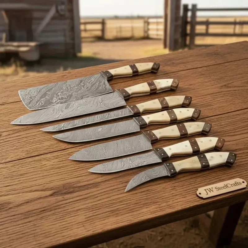 7-Piece Damascus Kitchen Knife SetCleaver, Gyuto, Santoku, Bunka, Utility & Paring with Bone and Rosewood Handles