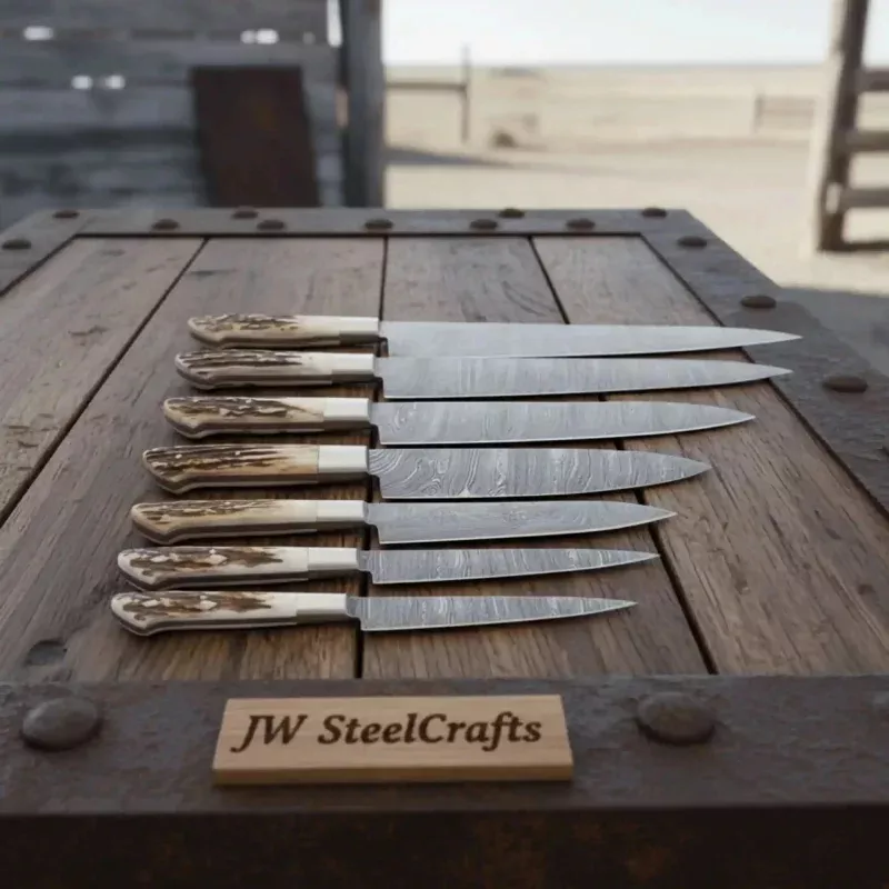 7-Piece Damascus Kitchen Knife SetSynthetic Stag Horn Handles, Brass Bolsters & Full Tang Forged Blades