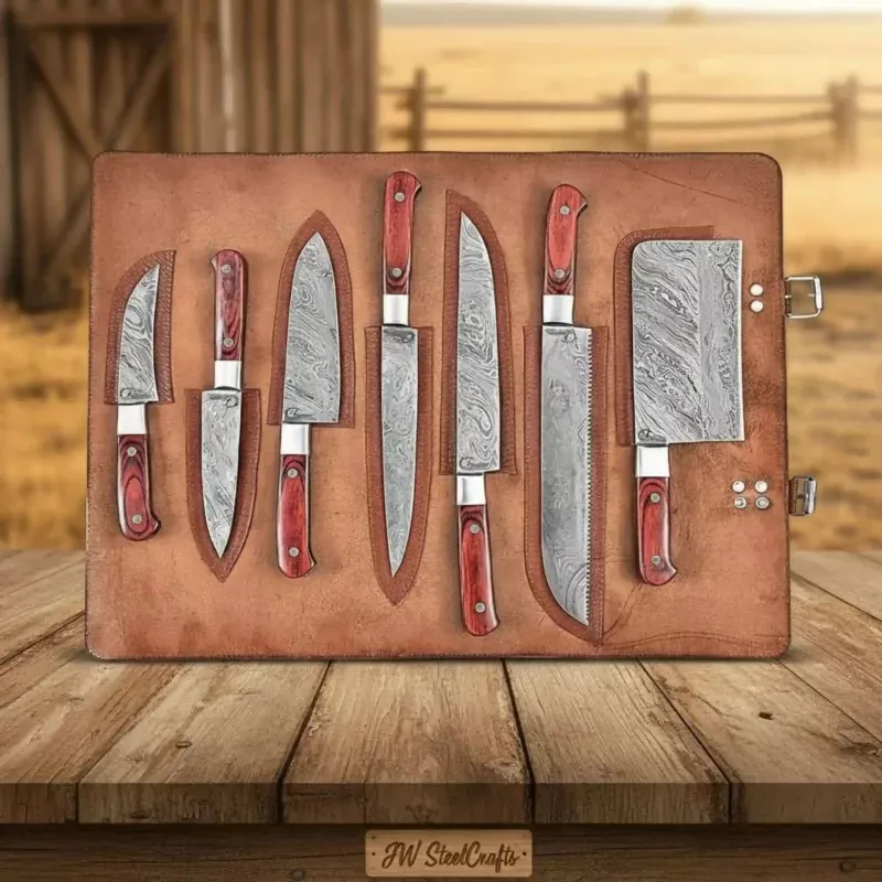 7-Piece Damascus Multi-Knife Set with Bread Knife, Cleaver & SkinnerRed Hardwood Handles, Steel Bolsters & Leather Travel Roll | JW Steel Crafts
