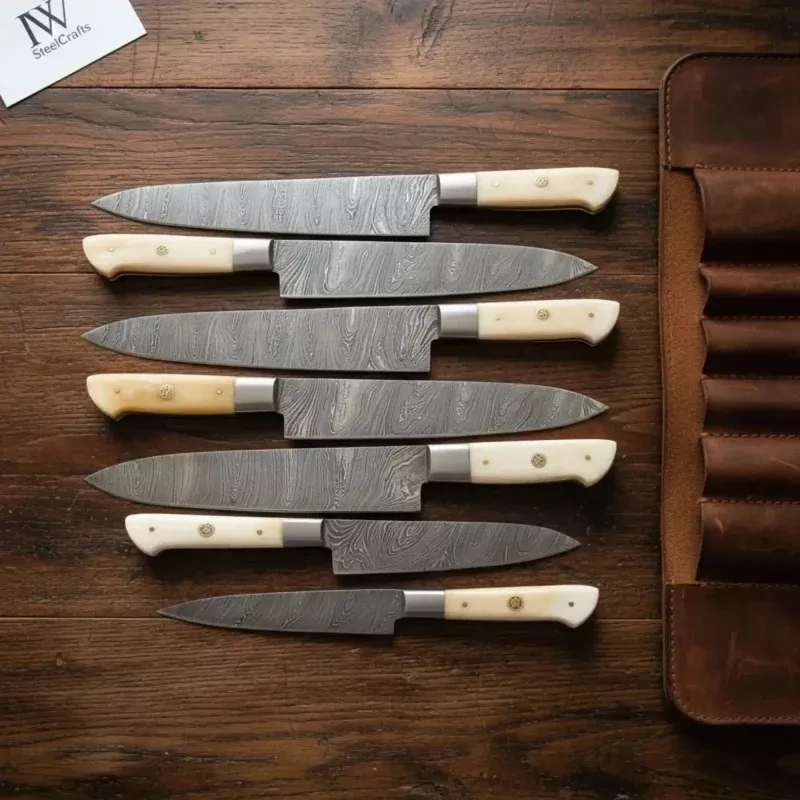 7-Piece Damascus Western Chef and Carving Knife SetCamel Bone Handles & Wood Grain Damascus Blades