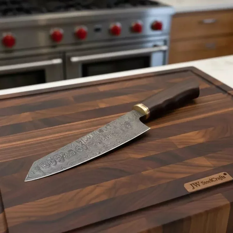 8 Ladder Pattern Damascus Gyuto Chef Knife with Rosewood Handle & Brass Bolster