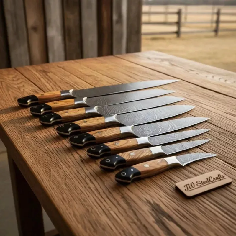 8-Piece Damascus Fillet and Precision Knife SetOlive Wood and Black Resin Handles
