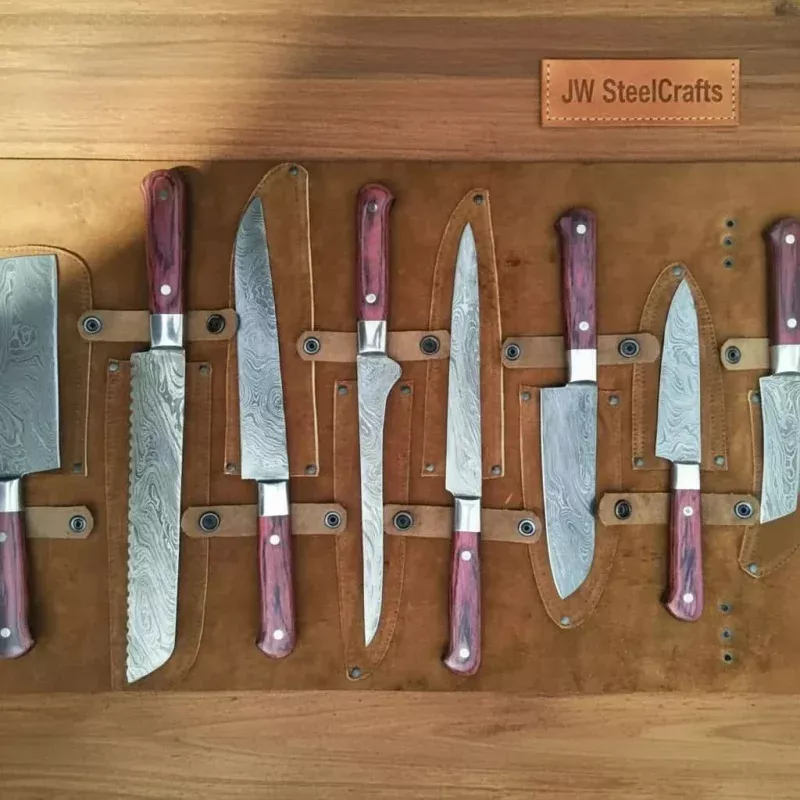 8-Piece Damascus Kitchen Knife SetRed Pakka Wood Handles