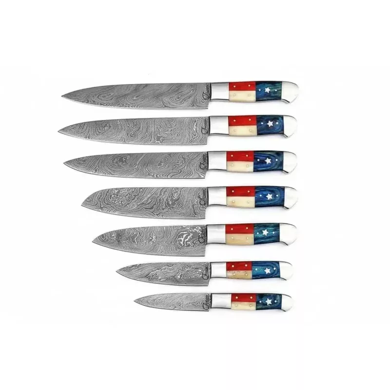 8-Piece Damascus Kitchen Knife SetTexas Flag Handles, Full Tang Chef, Bread, Santoku, Utility & Paring Knives