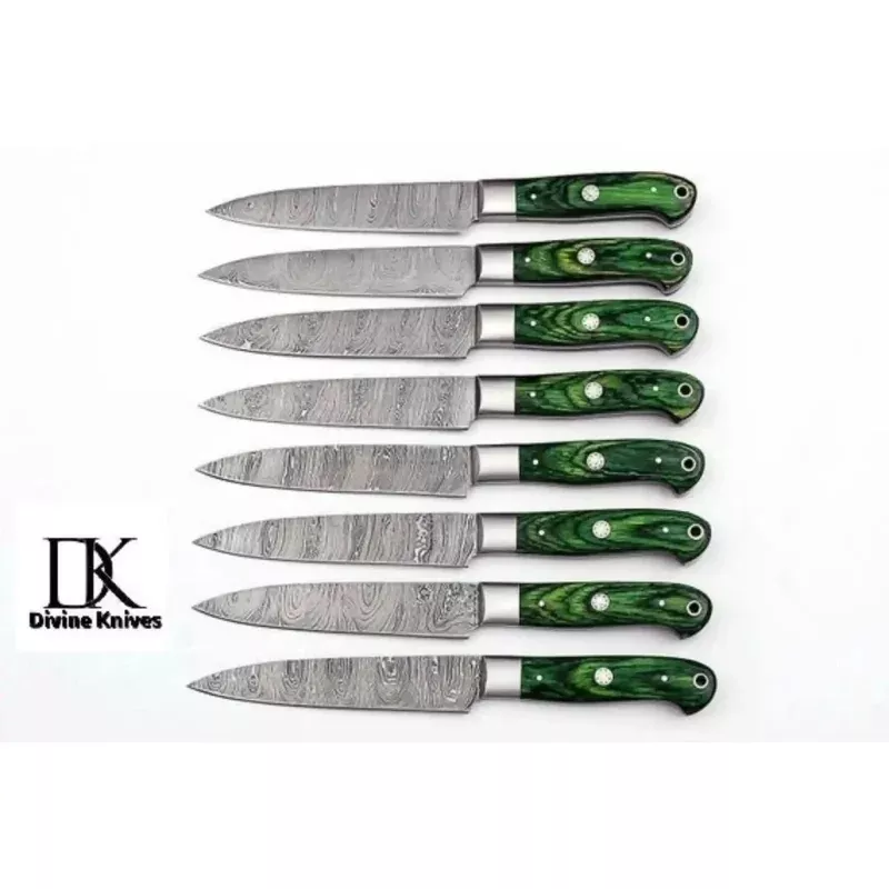 8-Piece Damascus Steak KnifeTwisted Damascus Blades, Green Pakka Wood Handles