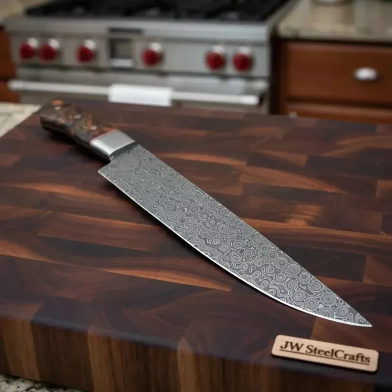 9 Inch Raindrop Damascus Chef KnifeFull Tang Forged Blade with Stabilized Wood Handle & Steel Bolster
