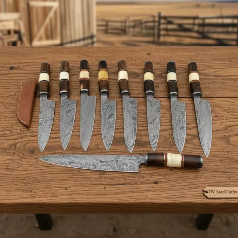 9-Piece Damascus Knife Set Bone and Rosewood HandleSwirl Damascus Blades