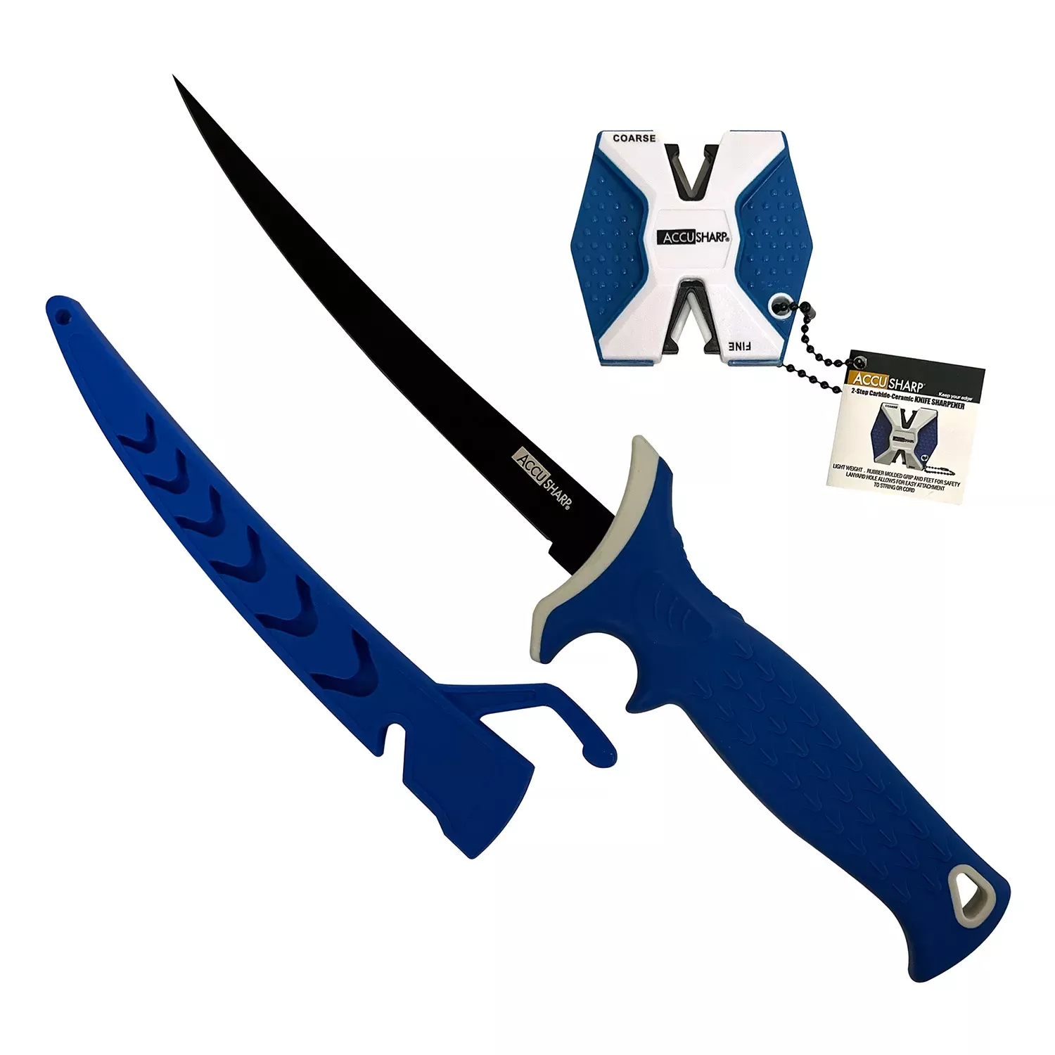 AccuSharp Fixed Fillet w/Sharpener 6.50″ Plain Satin Titanium Coated Stainless Steel Blue Anti-Slip Rubber Handle