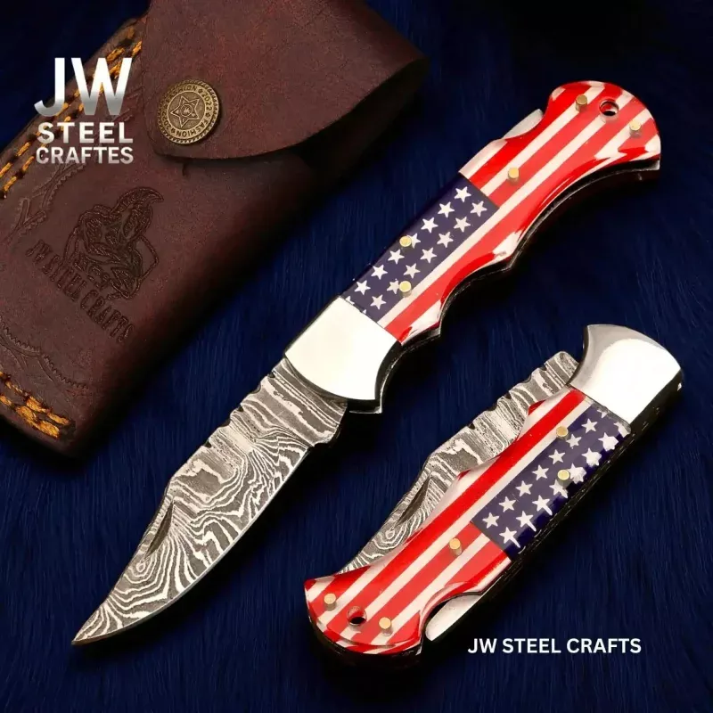 American Flag Damascus Folding Hunter with Ram Horn Handle