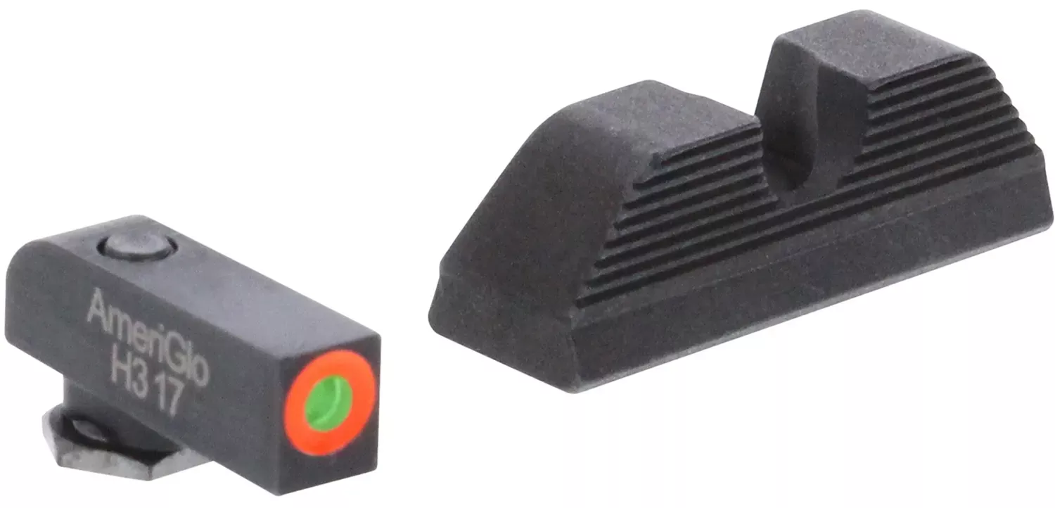 AmeriGlo UC Set3-Dot Tritium Green with Orange Outline Front, Black Serrated U-Notch Rear Black Frame for Glock 17,19,19x,26,34,45 Gen5